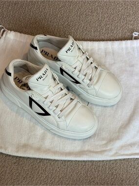 Prada White Leather Low-Top Sneakers with Black Accents